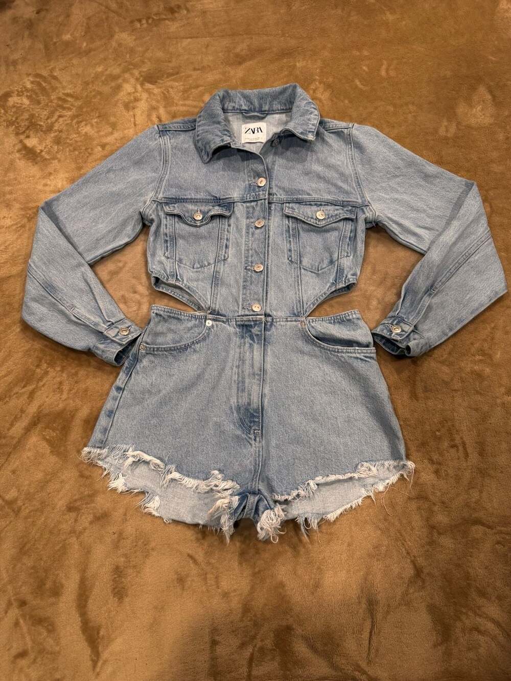 Zara Denim Cut-Out Romper Jumpsuit Blue Open  Waist Detail Size M